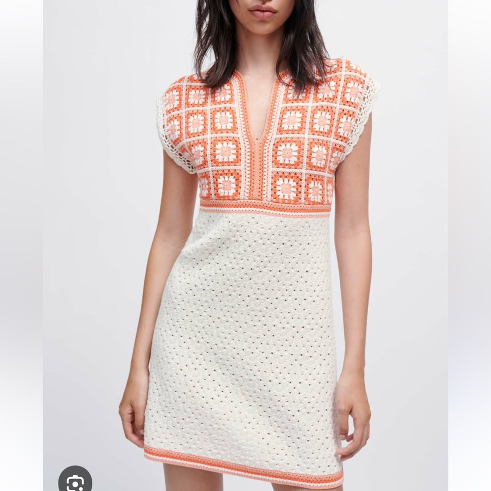 Maje Orange and White Crochet Mini Dress and matching bucket hat